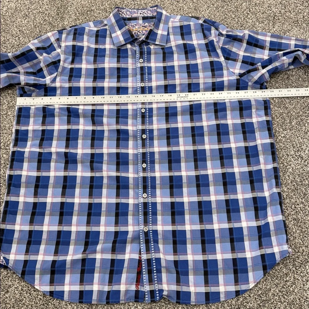 Robert Graham Blue White Plaid Button Down Cuff and Collar Accents Shirt 2 XLT